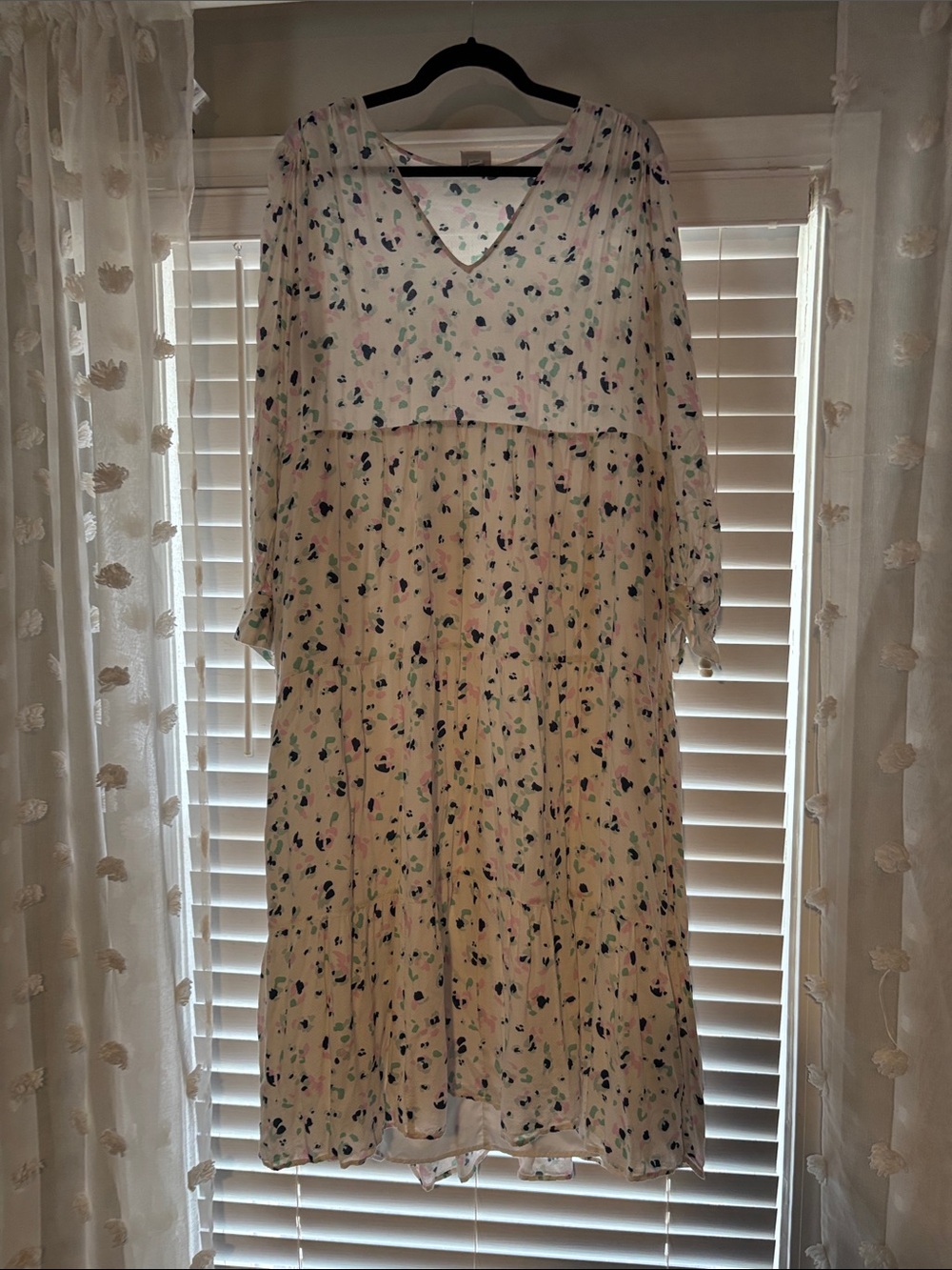 a new day Ivory Floral Tiered Midi Dress with Pink & Green Accents